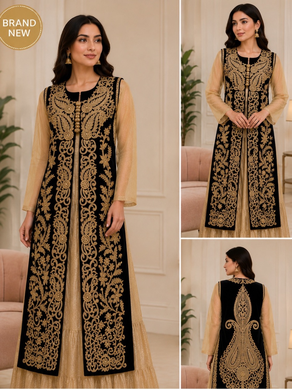 New Heavy Designer Velvet 3-Piece Suit Black & Gold Zari Wedding PartyWear Small